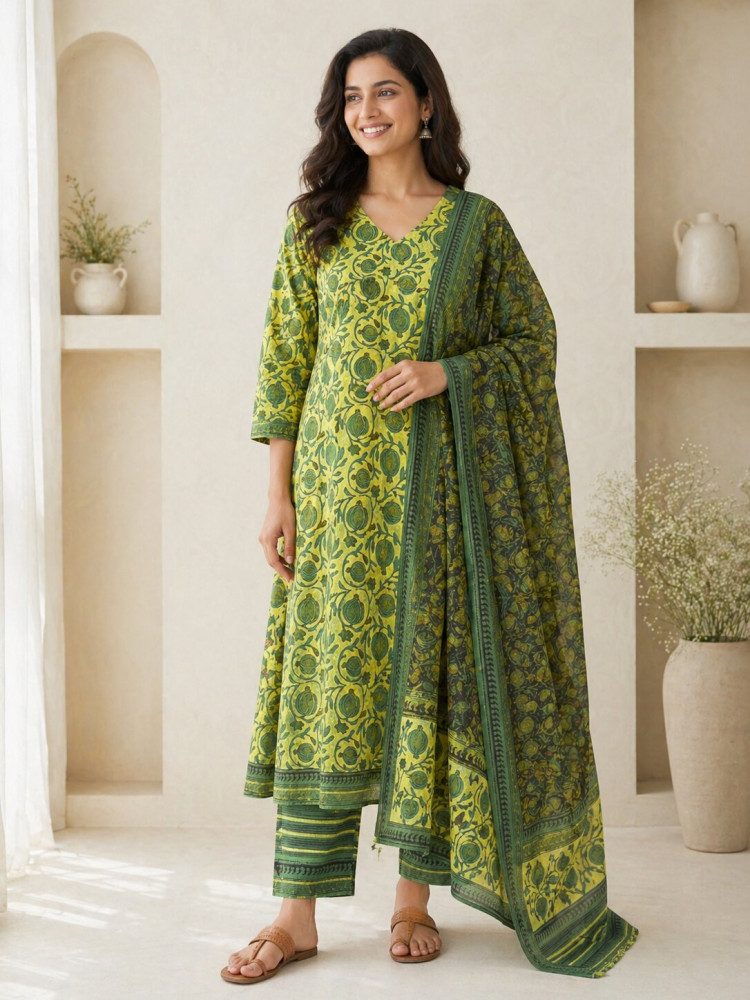 Image of Ajrakh Vanaspati Nashpal Jaal Cotton Suit Set with Kota Doria Dupatta (3-Piece)