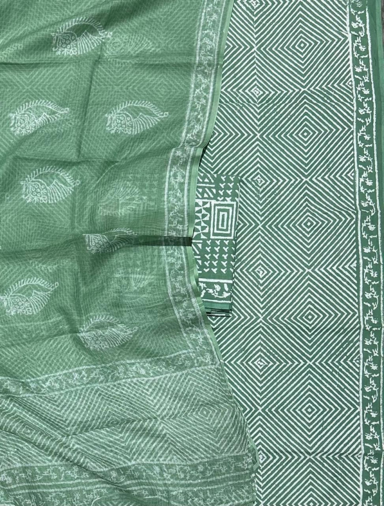 Image of Full Green Geometric Handblock Cotton Suit Set with Buta Kota Doria Dupatta (3-Piece Set)