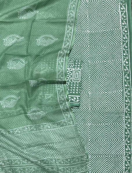 Full Green Geometric Handblock Cotton Suit Set with Buta Kota Doria Dupatta (3-Piece Set)