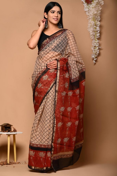 Traditional Jaal Hand Block Printed Cotton Kota Sari with Blouse