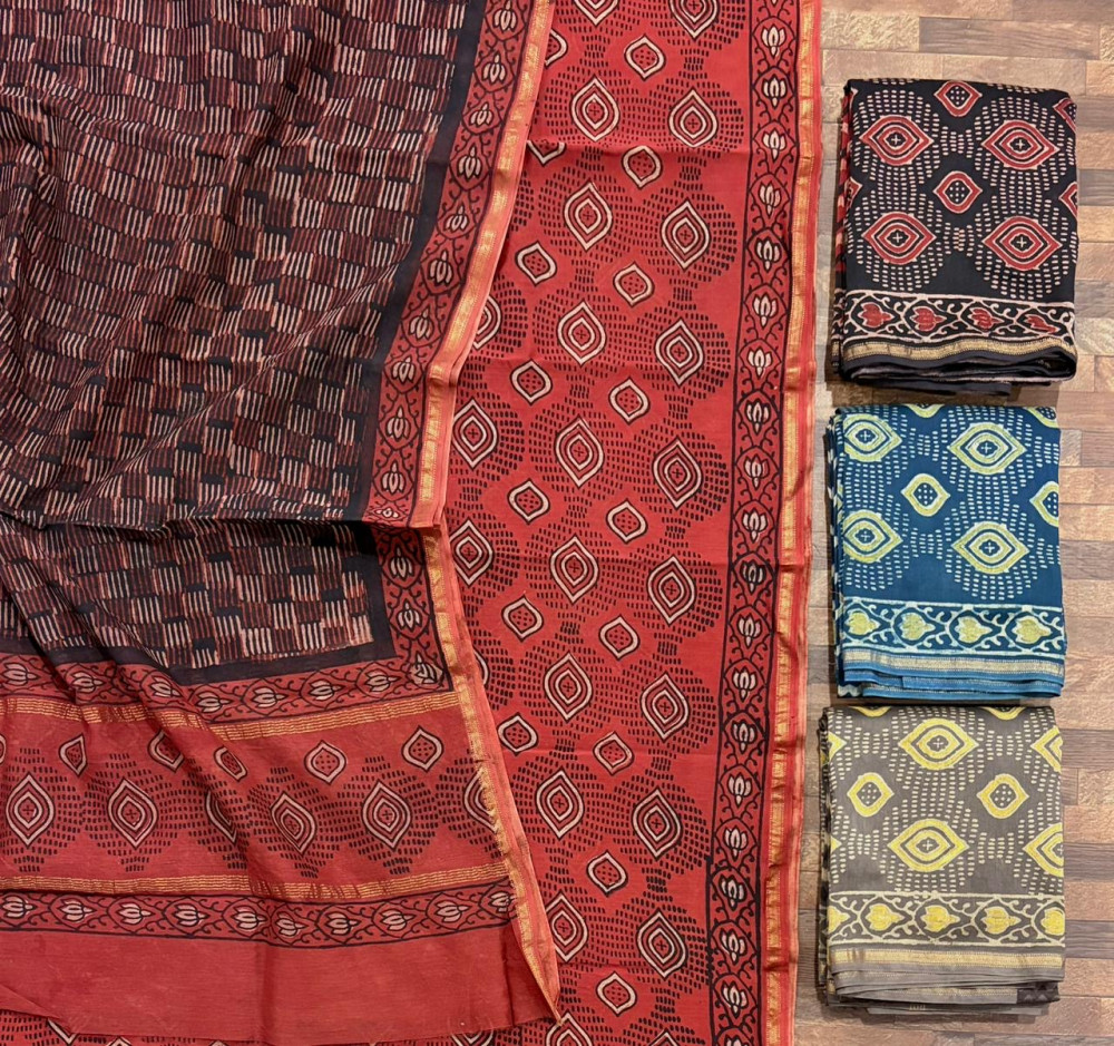Image of Ajrakh Geometric Jaal Hand Block Print Maheshwari Silk Suit Set with Dupatta
