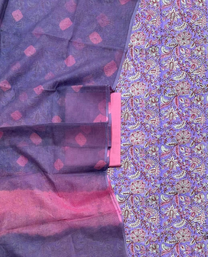 Image of Lavender Floral Jaal Handblock Cotton Suit Set with Bandhani Kota Doria Dupatta (3-Piece Set)