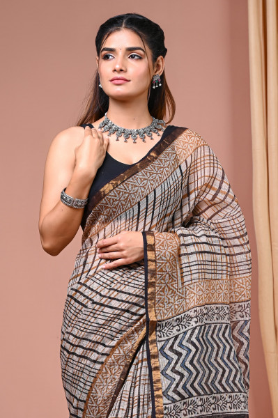 Bagru Patti Hand Block Printed Cotton Kota Sari with Blouse