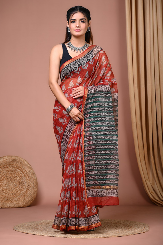 Image of Bagru Paisley Hand Block Printed Cotton Kota Sari with Blouse