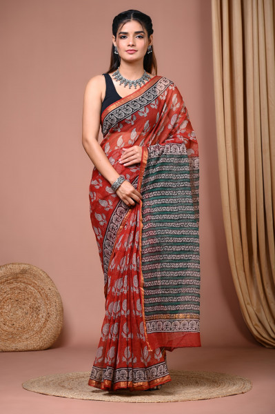 Bagru Paisley Hand Block Printed Cotton Kota Sari with Blouse