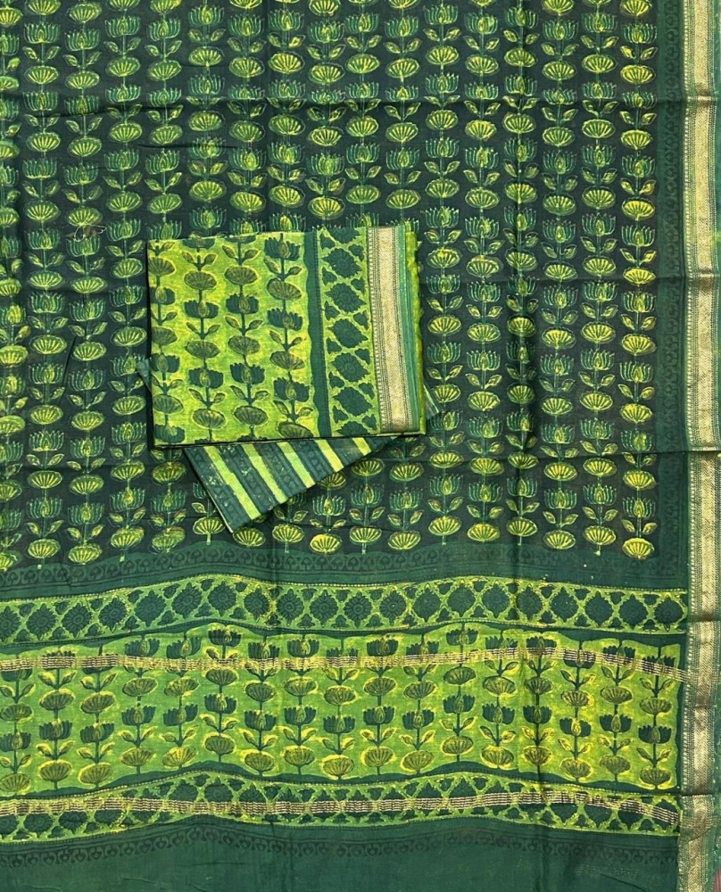 Image of Pomogrenate Green Hand Block Print Maheshwari Silk Suit Set with Dupatta