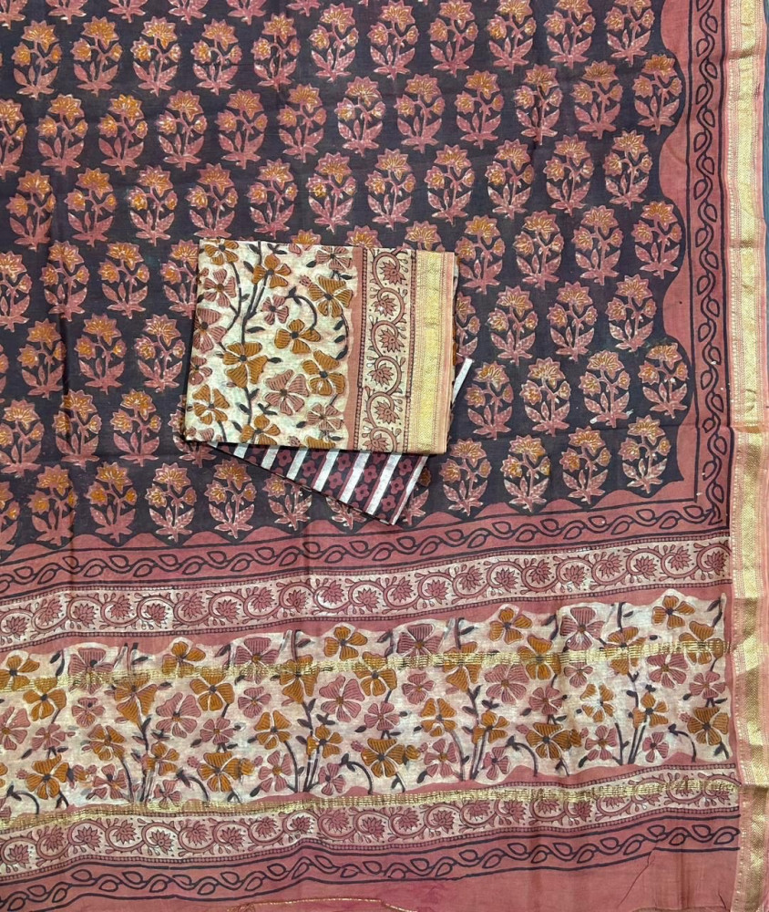 Image of Floral Pink Hand Block Print Maheshwari Silk Suit Set with Dupatta