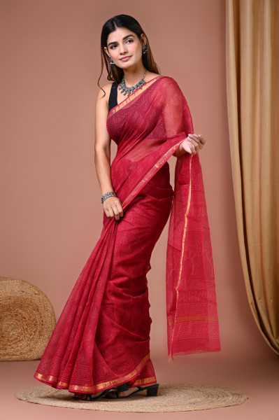 Perfect Red Hand Block Printed Cotton Kota Sari with Blouse