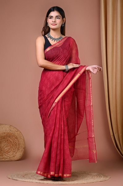 Perfect Red Hand Block Printed Cotton Kota Sari with Blouse