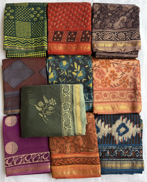 Natural Indigo Green Hand Block Print Maheshwari Silk Suit Set with Dupatta