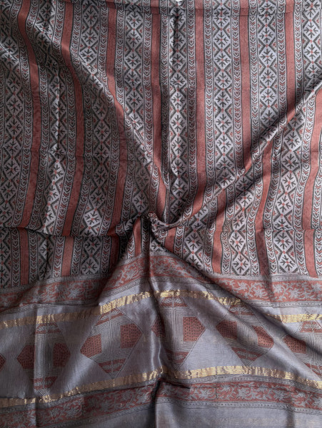 Geometric Maroon Hand Block Print Maheshwari Silk Suit Set with Dupatta