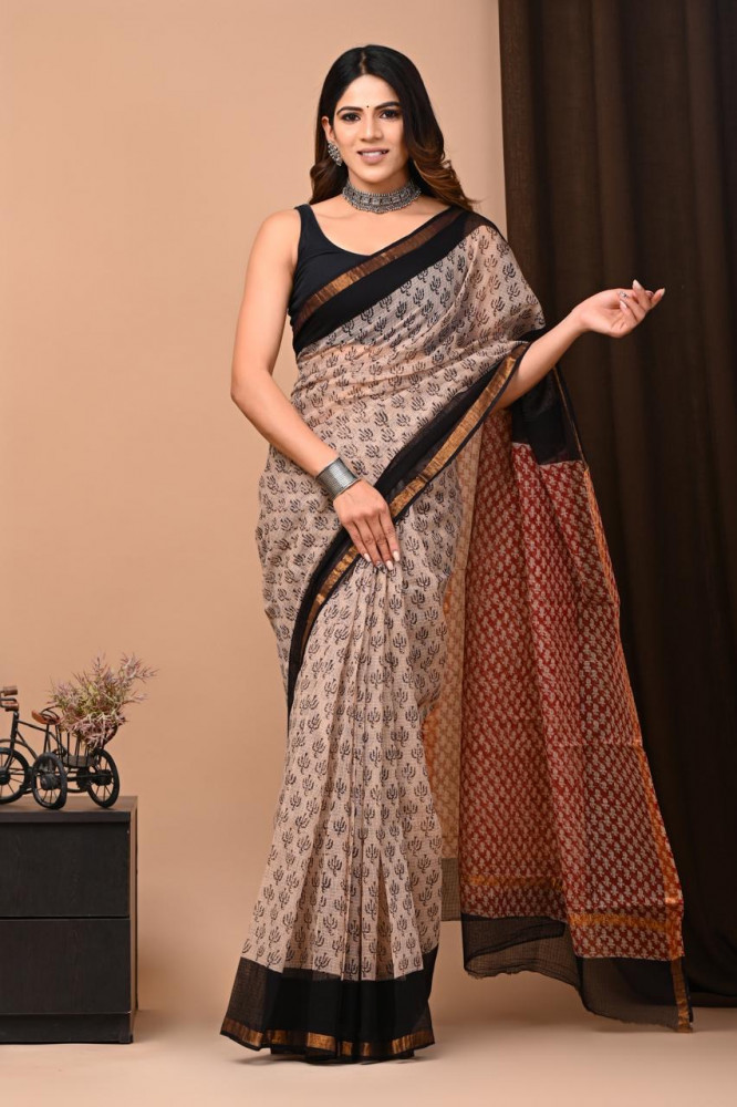 Image of Authentic Bagru Hand Block Printed Cotton Kota Sari with Blouse