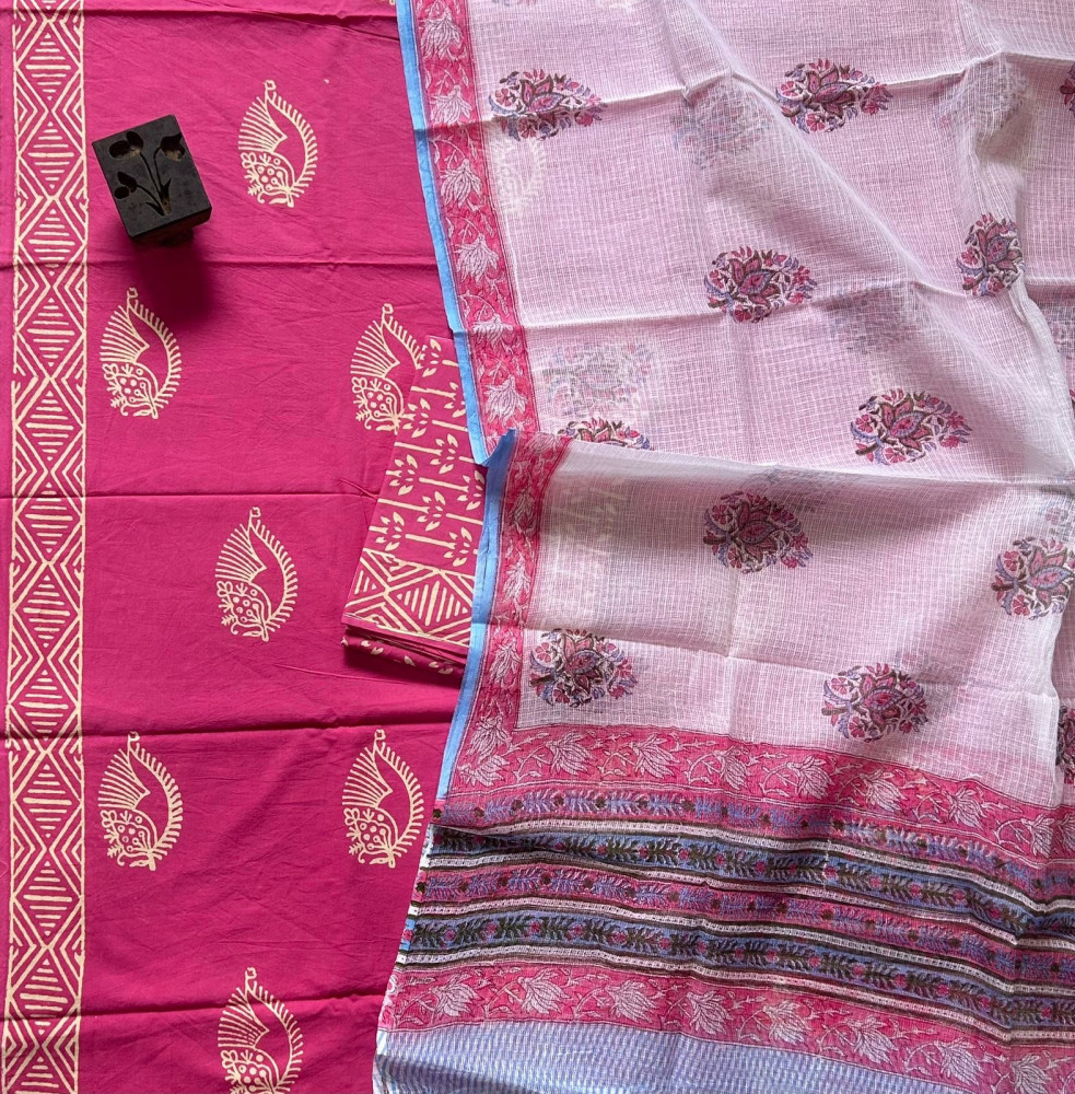 Image of Rani Pink Handblock Cotton Suit Set with Buta Kota Doria Dupatta (3-Piece Set)