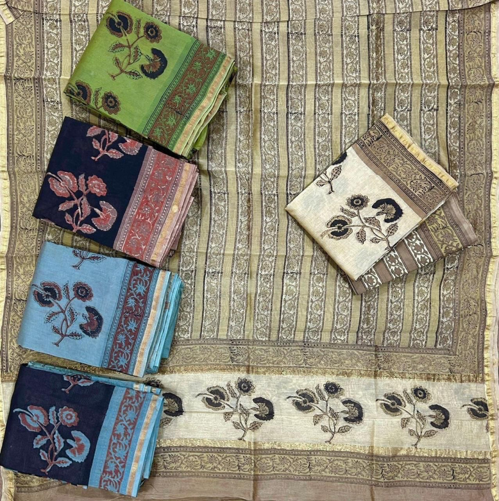Image of Ajrakh Buta Hand Block Print Maheshwari Silk Suit Set with Dupatta