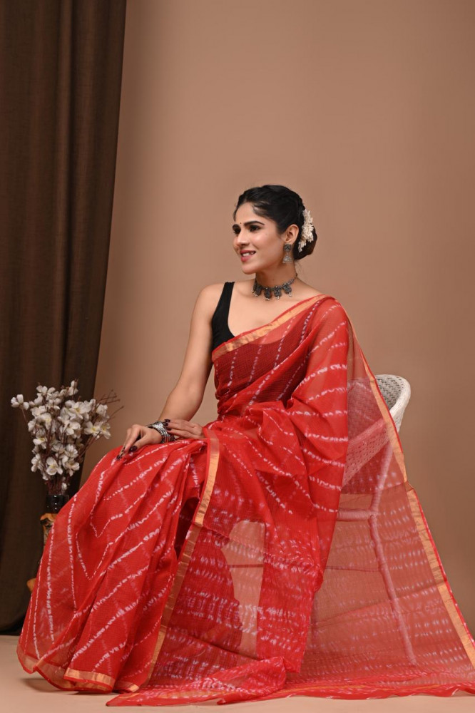 Image of Lehariya Red Hand Block Printed Cotton Kota Sari with Blouse
