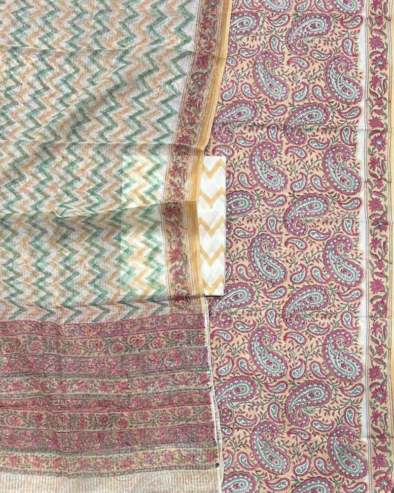 Image of Peach Jaal Handblock Cotton Suit Set with Lehriya Kota Doria Dupatta (3-Piece Set)