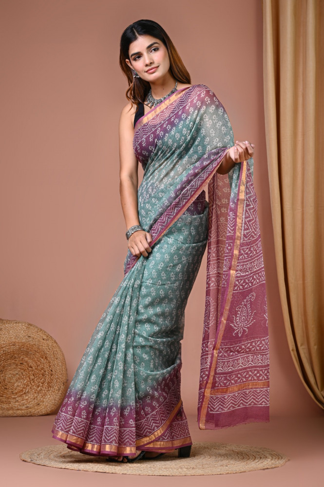 Image of Purple &amp; Teal Hand Block Printed Cotton Kota Sari with Blouse