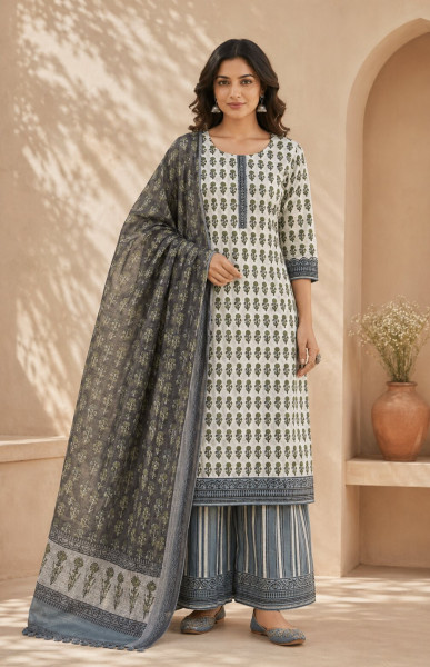 Ajrakh Vanaspati Indigo Buti Cotton Suit Set with Kota Doria Dupatta (3-Piece)
