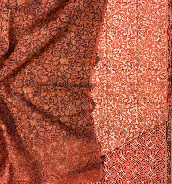 Ajrakh Vanaspati Red Yellow Jaal Cotton Suit Set with Kota Doria Dupatta (3-Piece)