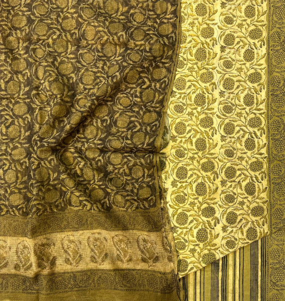 Ajrakh Vanaspati Yellow Jaal Cotton Suit Set with Kota Doria Dupatta (3-Piece)