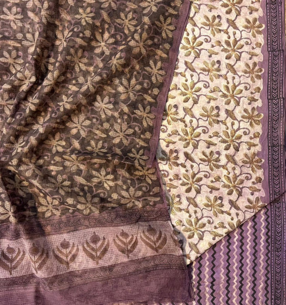 Ajrakh Vanaspati Purple Yellow Jaal Small Cotton Suit Set with Kota Doria Dupatta (3-Piece)