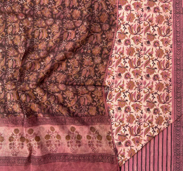 Ajrakh Vanaspati Pink Yellow Jaal Small Cotton Suit Set with Kota Doria Dupatta (3-Piece)