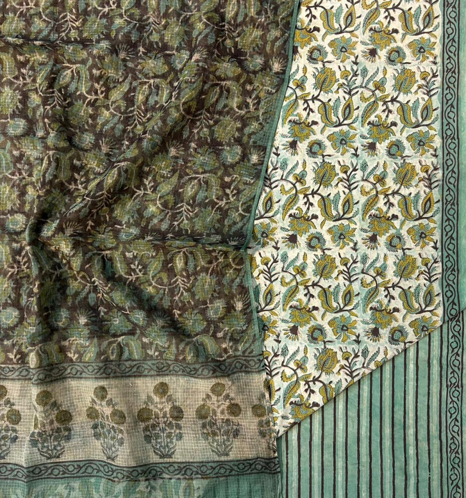 Image of Ajrakh Vanaspati Green Jaal Cotton Suit Set with Kota Doria Dupatta (3-Piece)