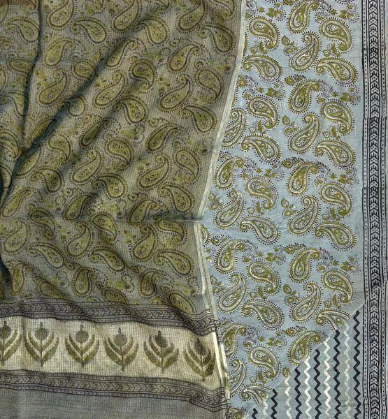 Ajrakh Vanaspati Grey Jaal Cotton Suit Set with Kota Doria Dupatta (3-Piece)