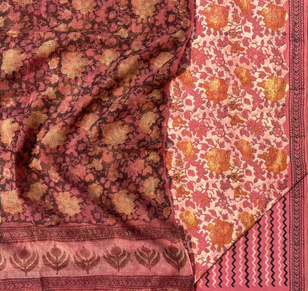 Ajrakh Vanaspati Pink Yellow Jaal Cotton Suit Set with Kota Doria Dupatta (3-Piece)