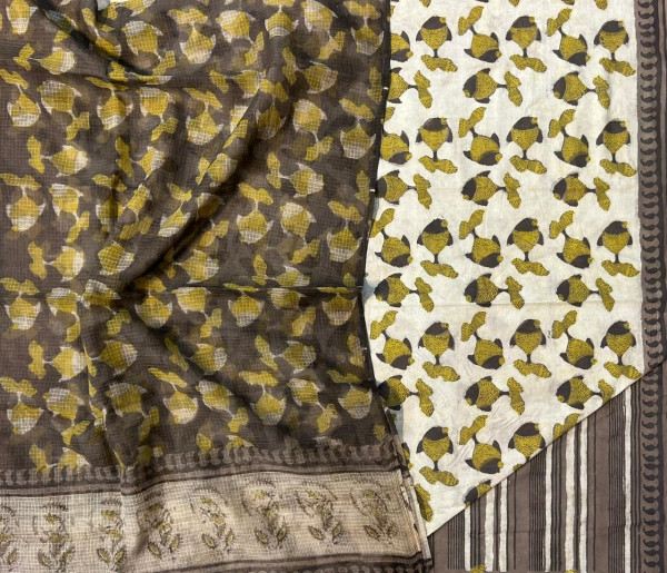 Ajrakh Vanaspati Kashish Fish Jaal Cotton Suit Set with Kota Doria Dupatta (3-Piece)