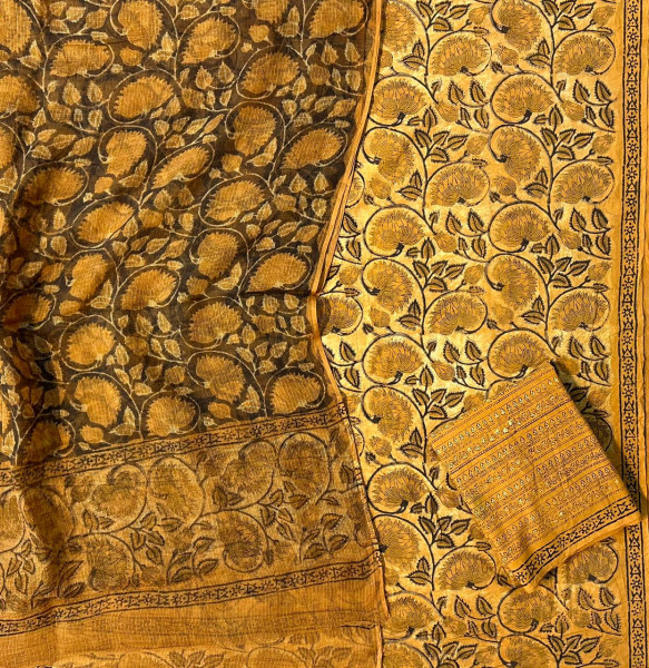 Ajrakh Vanaspati Orange Jaal Cotton Suit Set with Kota Doria Dupatta (3-Piece)