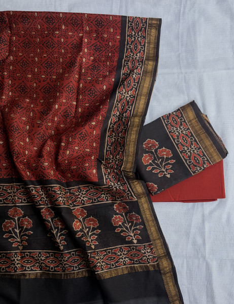 Red & Black Buta Hand Block Print Maheshwari Silk Suit Set with Dupatta