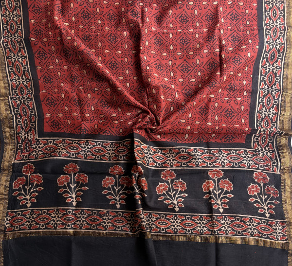 Red & Black Buta Hand Block Print Maheshwari Silk Suit Set with Dupatta