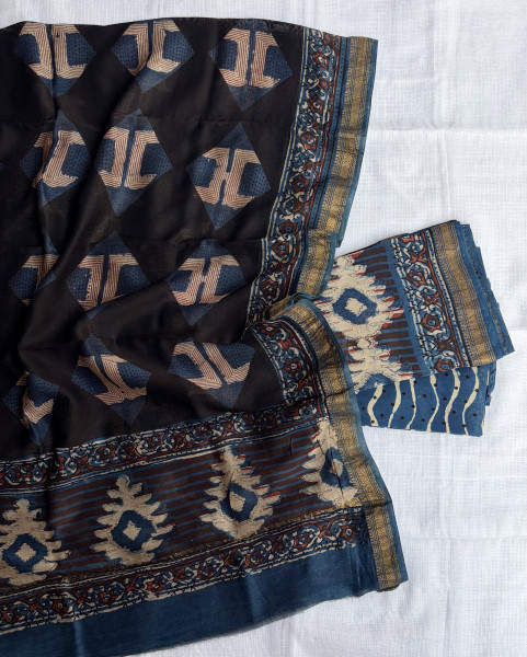 Ikkat Blue Hand Block Print Maheshwari Silk Suit Set with Dupatta