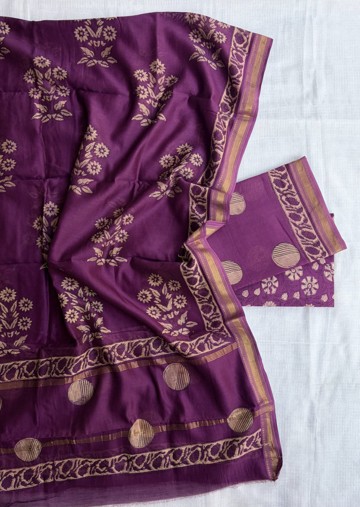 Image of Akola Purple Hand Block Print Maheshwari Silk Suit Set with Dupatta