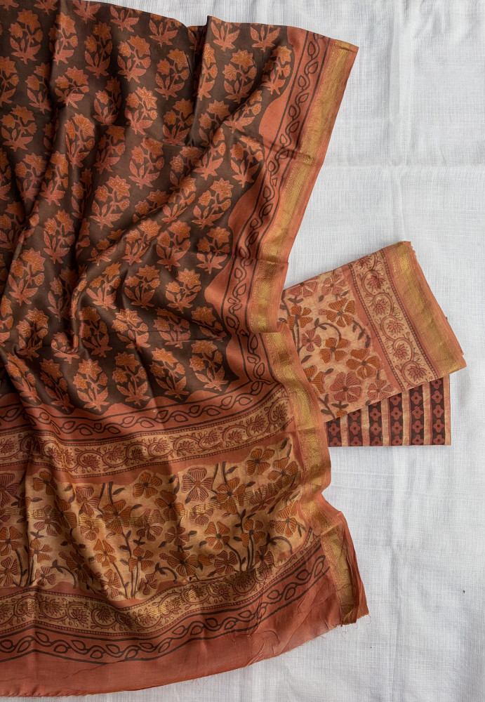 Image of Ajrakh Orange Jaal Hand Block Print Maheshwari Silk Suit Set with Dupatta
