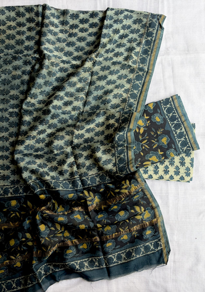 Image of Ajrakh Indigo Hand Block Print Maheshwari Silk Suit Set with Dupatta