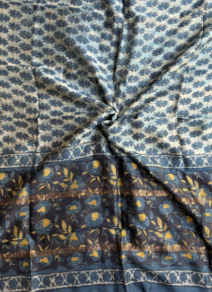 Ajrakh Indigo Hand Block Print Maheshwari Silk Suit Set with Dupatta