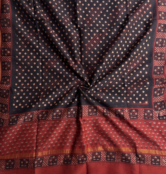 Red & Black Pharad Hand Block Print Maheshwari Silk Suit Set with Dupatta