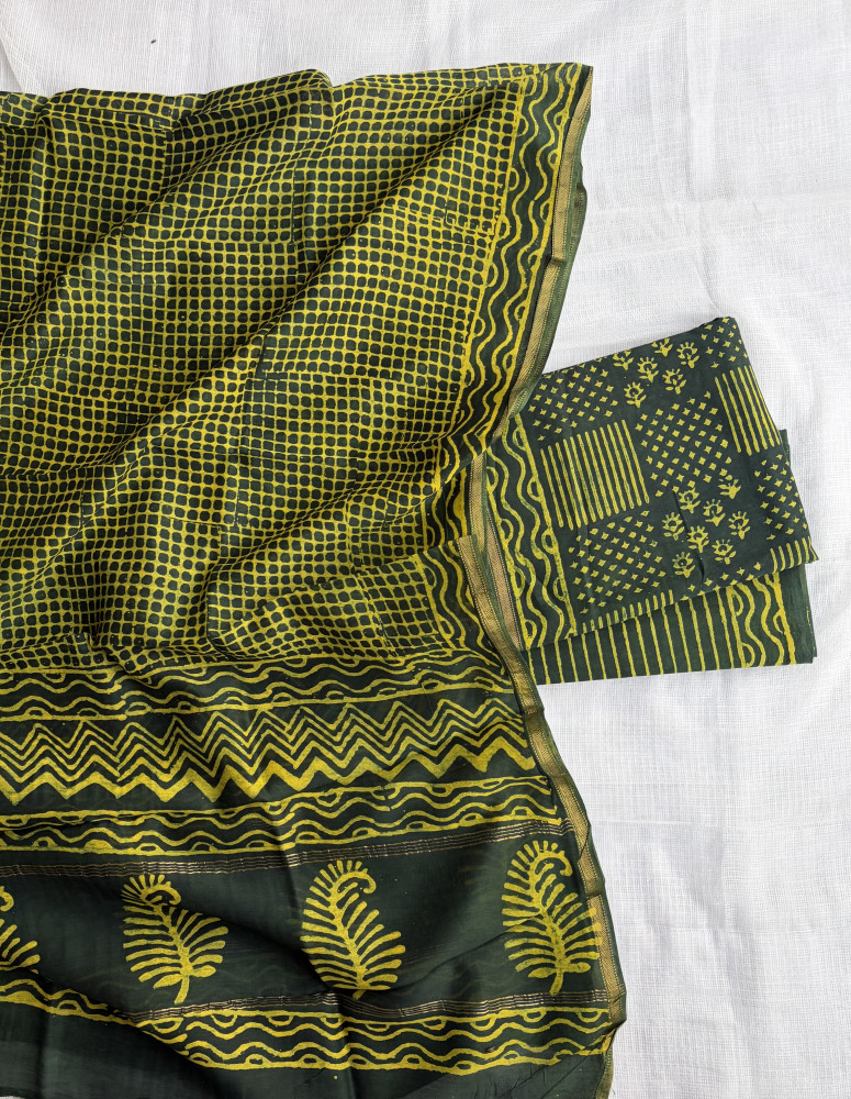 Image of Dabu Green Hand Block Print Maheshwari Silk Suit Set with Dupatta