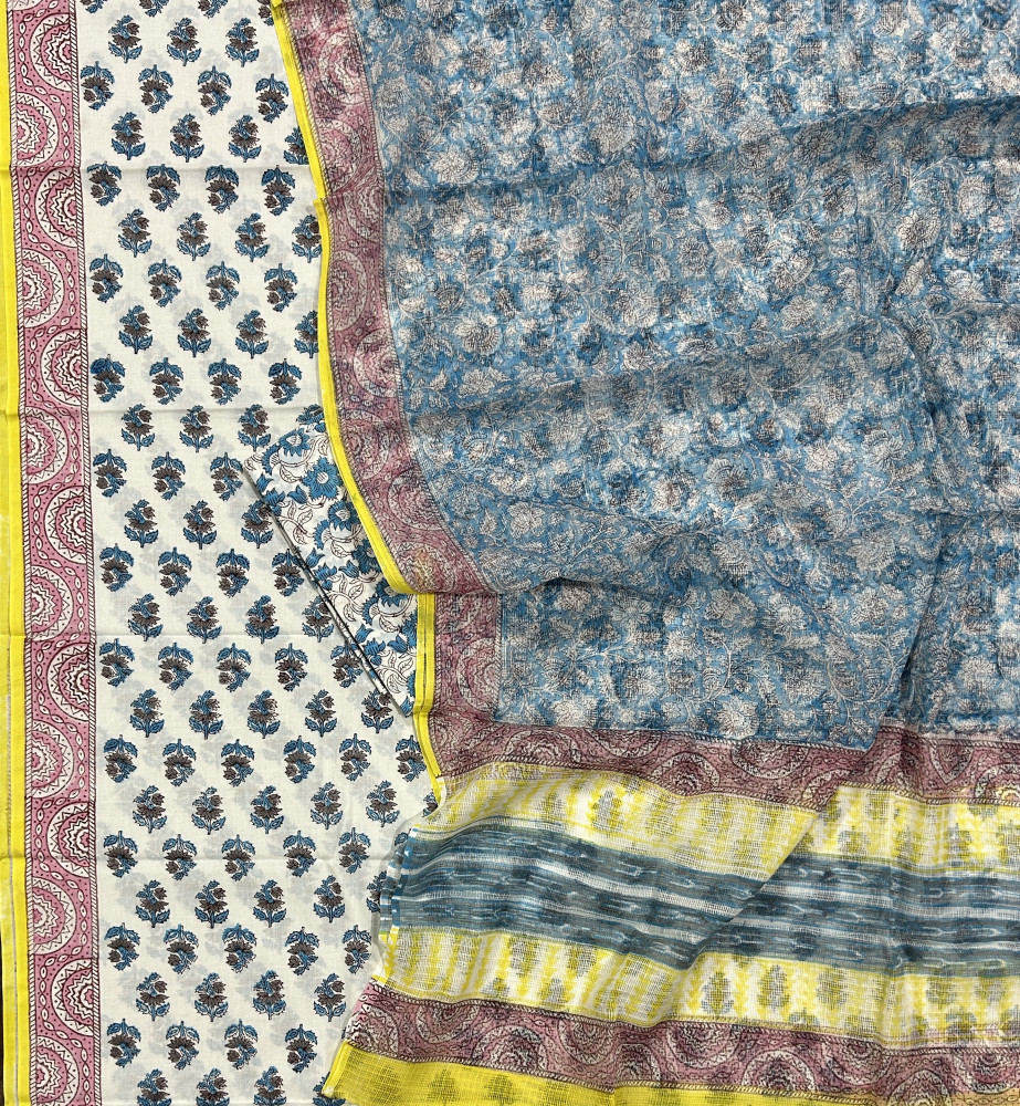 Image of Blue Yellow Booti Handblock Cotton Suit Set with Blue Kota Doria Dupatta (3-Piece Set)