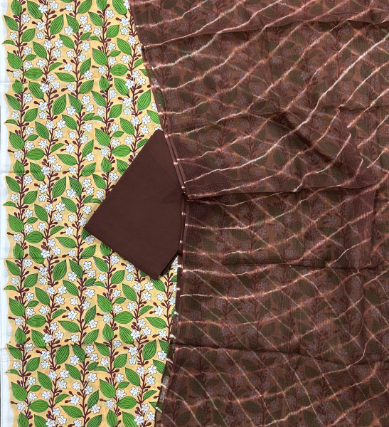 Brown Jaal Handblock Cotton Suit Set with Bandhani Kota Doria Dupatta (3-Piece Set)
