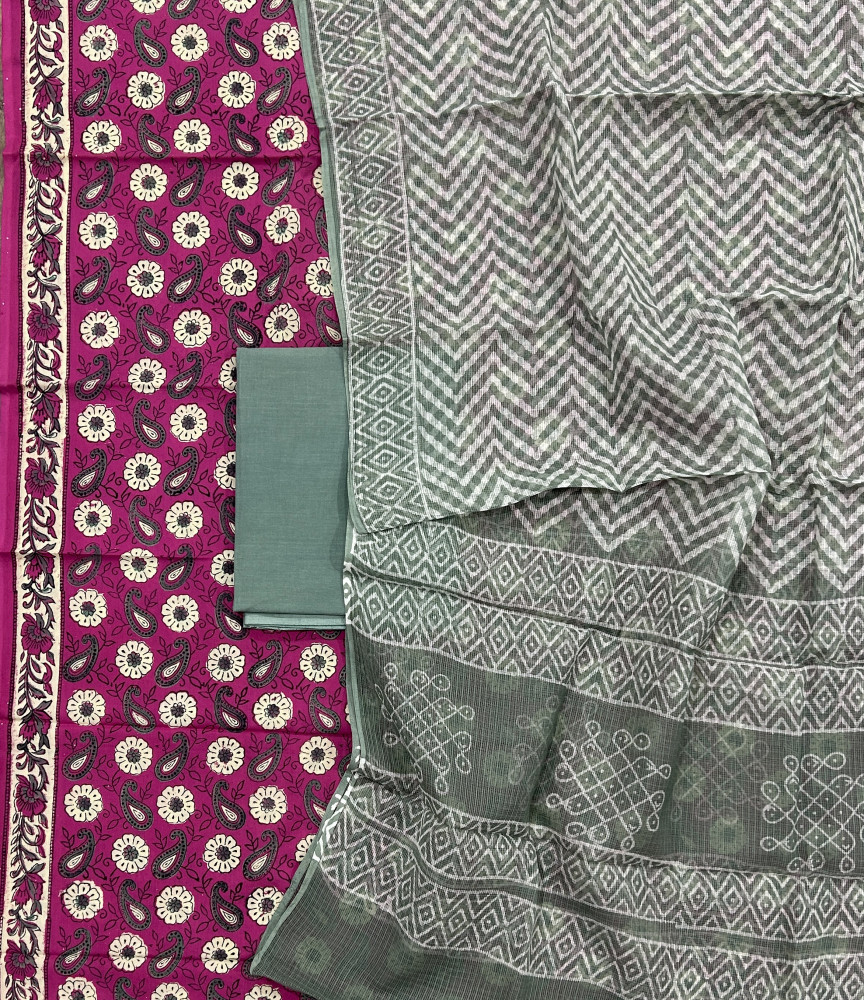 Image of Pink Jaal Handblock Cotton Suit Set with Grey Kota Doria Dupatta (3-Piece Set)