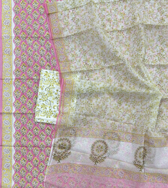 Pink Booti Handblock Cotton Suit Set with Green Kota Doria Dupatta (3-Piece Set)