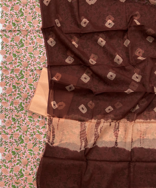 Peach Jaal Handblock Cotton Suit Set with Bandhani Kota Doria Dupatta (3-Piece Set)