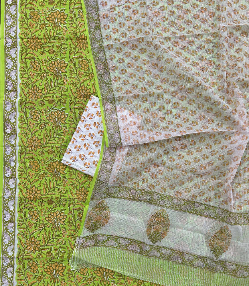 Image of Green Jaal Handblock Cotton Suit Set with White Kota Doria Dupatta (3-Piece Set)