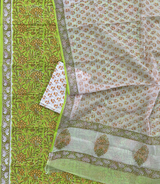 Green Jaal Handblock Cotton Suit Set with White Kota Doria Dupatta (3-Piece Set)