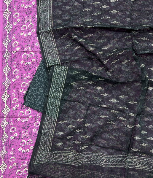 Pink Jaal Handblock Cotton Suit Set with Black Kota Doria Dupatta (3-Piece Set)